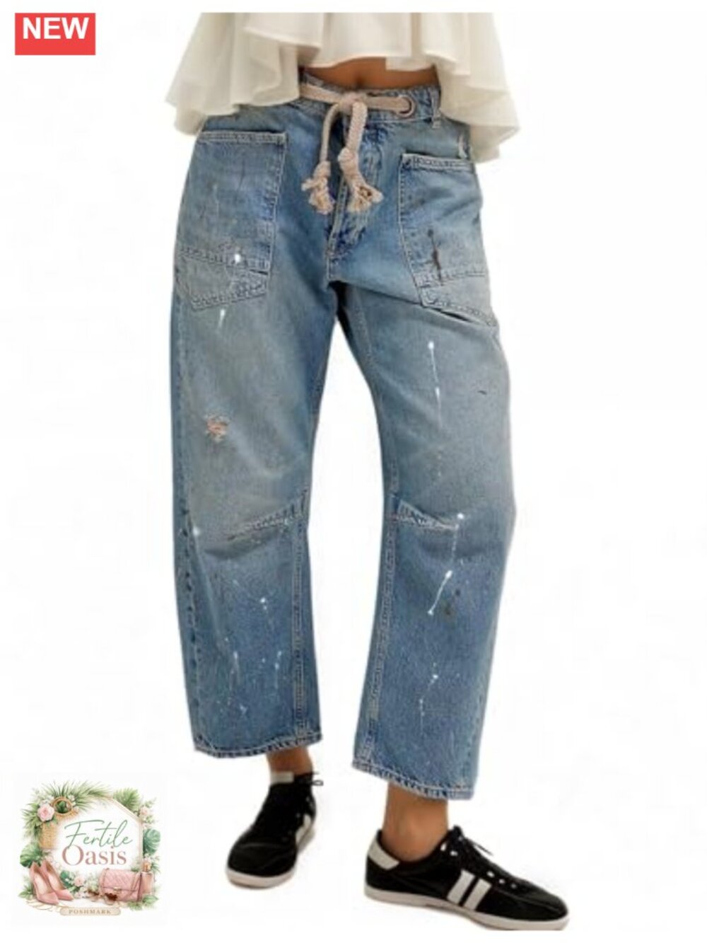 Women's Pull-On Barrel Jeans Mid-Low Rise Boyfriend Drawstring Ankle Baggy
